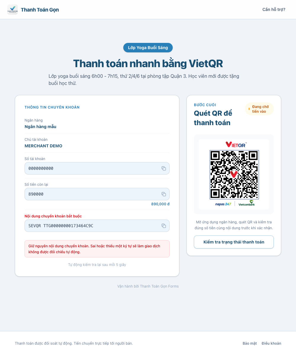 Bước cuối: mã QR và thông tin chuyển khoản