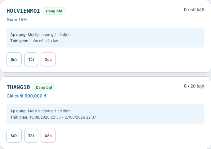 Danh sách mã ưu đãi của một form
