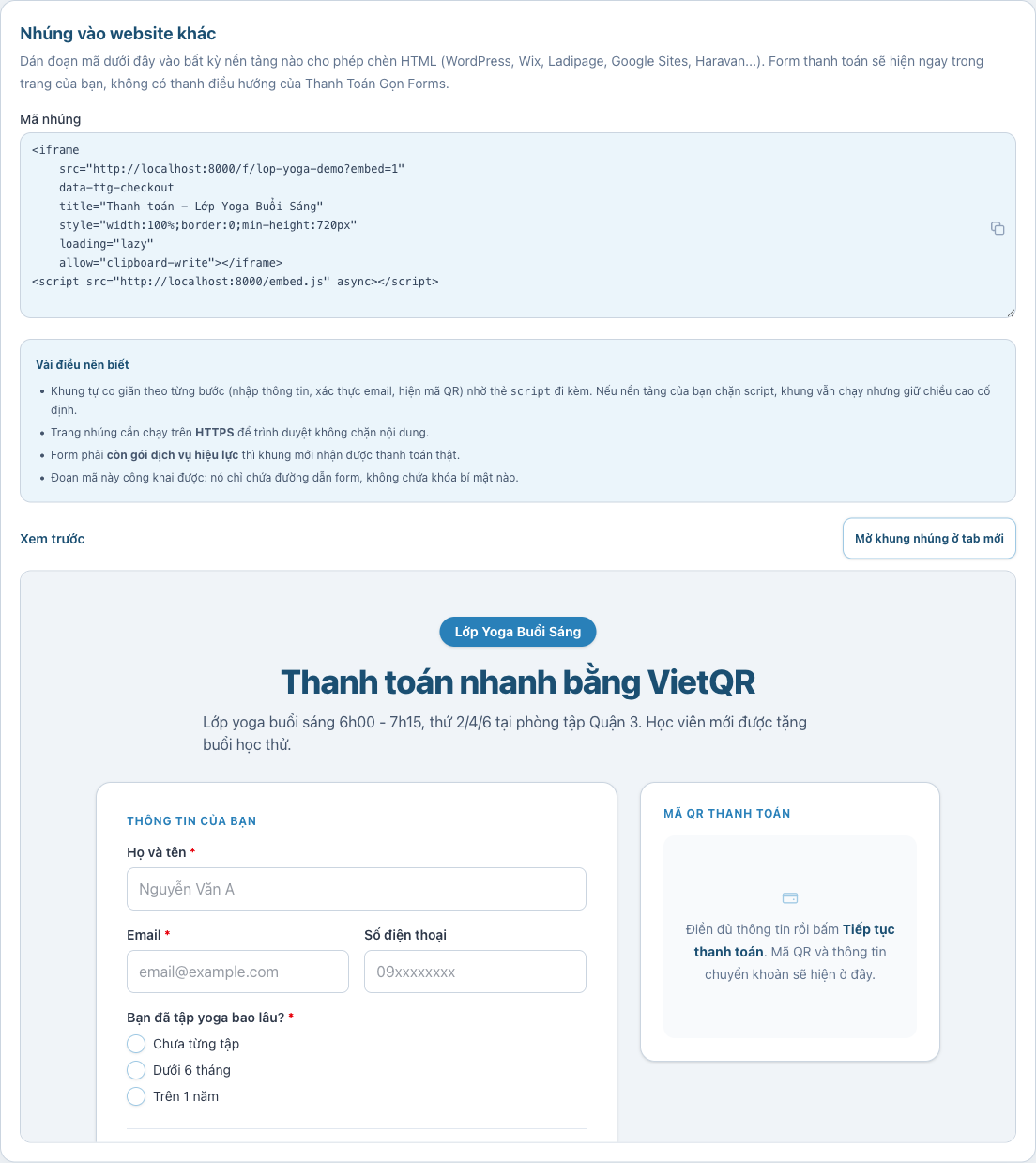 Card mã nhúng và khung xem trước