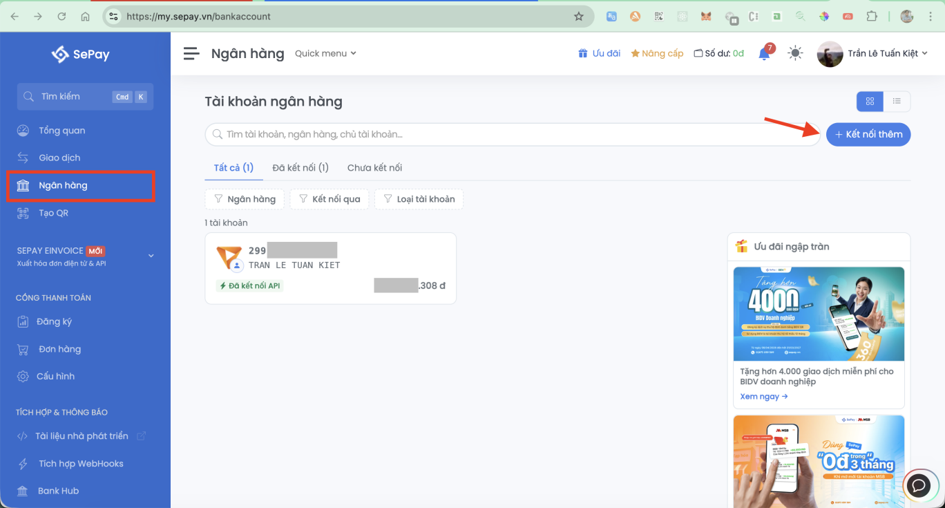 Tài khoản ngân hàng đã kết nối trong SePay